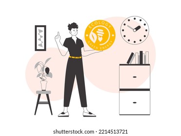 The guy holds the green energy logo in his hand. Lineart style.