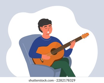 The guy holds a guitar, plays and sings a song. The musician performs a melody. Vector graphics.