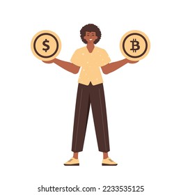 The guy holds in his hands bitcoin and dollar in the form of coins. Character with a modern style.