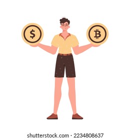 El tipo sostiene en sus manos bitcoin y dólar en forma de monedas. El carácter es moderno y de diseño.