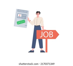 Der Typ hält den bestanden Test für eine freie Stelle in den Händen. Arbeitssuche und Personalkonzept. Vektorgrafik im Flachstil.