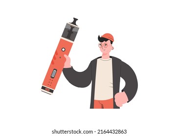 The guy holds in his hands a system for vaping. Flat style. Isolated. Vector illustration.