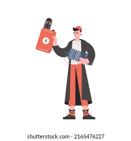 The guy holds in his hands a system for vaping. Trendy style with soft neutral colors. Isolated on white background. Vector illustration.