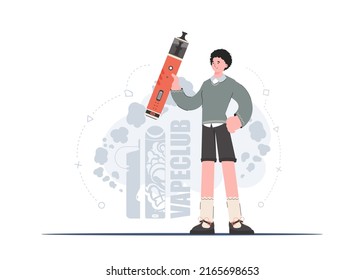 The guy holds in his hands a system for vaping. Trendy style with soft neutral colors. The concept of vapor and vape. Vector illustration.