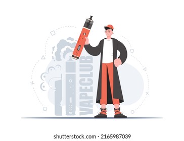 The guy holds in his hands a system for vaping. Trendy style with soft neutral colors. The concept of replacing cigarettes. Vector illustration.