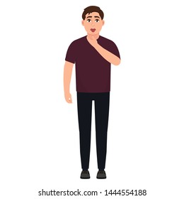 The guy holds his throat and shows the tongue, a man is sick with sore throat, cartoon character vector illustration