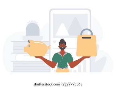 The Guy holds a hoggish save bank and a stigmatize basket in his bridge actor . digital grocery memory shop memory stigmatize concept. Trendy style, Vector Illustration