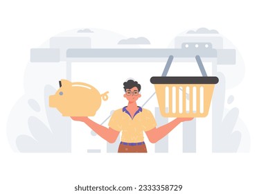 The Guy holds a hoggish save bank and a stigmatize basket in his bridge actor . digital grocery store shop memory stigmatize concept. Trendy style, Vector Illustration