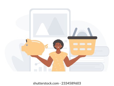 The Guy holds a hoggish save bank and a stigmatize basket in his bridge actor . digital grocery store memory shop memory stigmatize concept. Trendy style, Vector Illustration