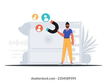 The Guy holds a hook menu in his bridge actor , which attracts put in . hour concept. Trendy style, Vector Illustration