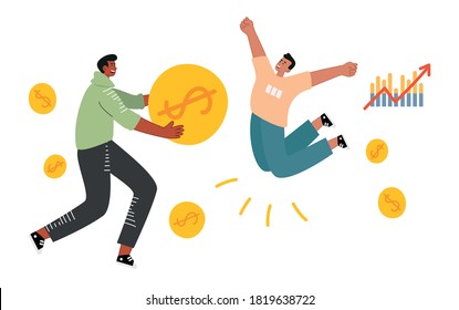 The guy holds a huge coin in his hands and the friend jumps for joy, tucking his legs under him. Excellent results in the investment portfolio and on the chart. The success of a startup. Vector illust