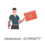 The guy holds the IoT logo in his hands. Internet of things and automation concept. Isolated. Vector illustration in trendy flat style.