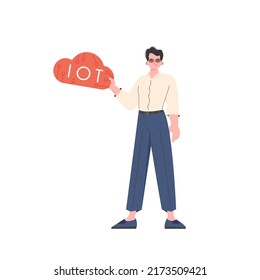 The guy holds the IoT logo in his hands. Internet of things concept. Isolated. Trendy flat style. Vector illustration.