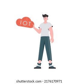 El tipo lleva el logo de IoT en sus manos. El concepto de Internet de las cosas. Aislado. Ilustración vectorial en estilo plano.