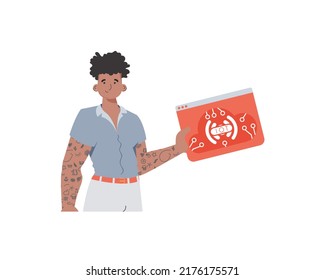 The guy holds the IoT logo in his hands. IoT concept. Isolated. Trendy flat style. Vector illustration.