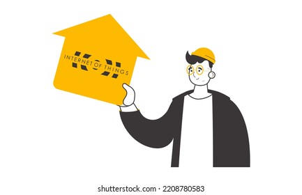El tipo sostiene el logo de la OIT en sus manos. Estilo moderno lineal. Aislado. Vector.