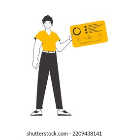 The guy holds the IOT logo in his hands. Linear trendy style. Isolated on white background. Vector illustration.