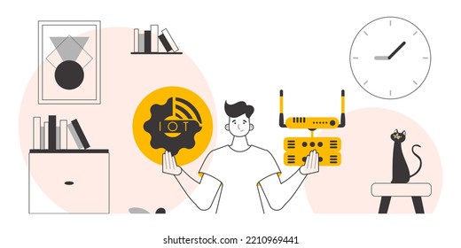 The guy holds the IOT logo in his hands. Linear modern style. Vector illustration.