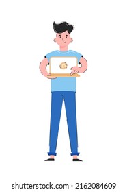 The guy holds a laptop in his hands and presses the play. Isolated on white background. Good for apps, presentations and websites. Vector.