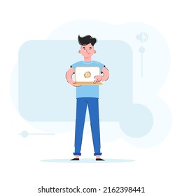 The guy holds a laptop in his hands and presses the play. Trend illustration. Good for apps, presentations and websites. Vector.