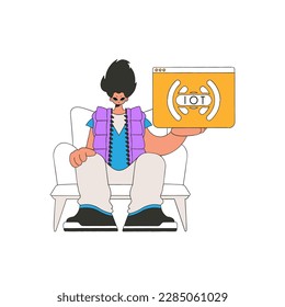 The guy holds a logo of the "Internet of Things" in his hands.