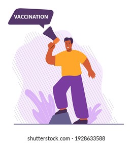 Guy holds loudspeaker.Protesting people.Man holding a megaphone.Man standing isolated in white background.Vaccination Covid-19 concept. Campaigning for vaccination coronavirus protection. 