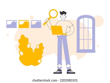 The guy holds a magnifying glass and a laptop in his hands. Job Search Theme. H.R. Linear trendy style.