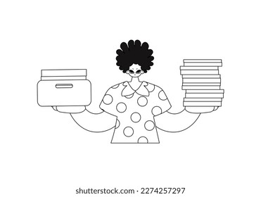 Guy holds many docs. line art vector illustration.