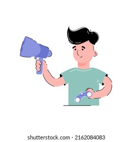 The guy holds a mouthpiece and binoculars in his hands. The concept of finding employees. Isolated on white background. Trendy flat vector style.