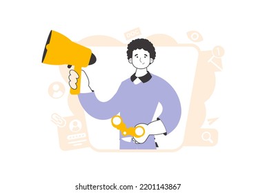 The guy holds a mouthpiece and binoculars in his hands. Job Search Theme. H.R. Linear style.