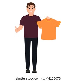 The guy holds an orange T-shirt and shows a thumbs up, a man likes clothes, cartoon character vector illustration