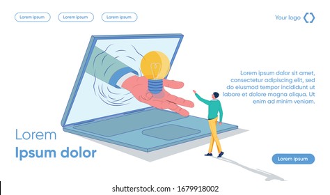 Guy Holds Out Hand To Take Light Bulb From Laptop. Learner Makes Contact With New Information. Formation Their Own Position. Getting New Information On Topic. Get Real And Tangible Result.