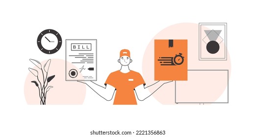 The guy holds a parcel and a check in his hands. Parcel delivery concept. Linear modern style.