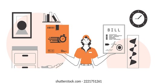 El tipo tiene un paquete y un cheque en sus manos. Concepto de entrega. Estilo lineal.
