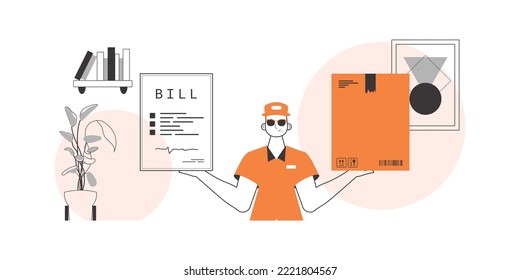 The guy holds a parcel and a check in his hands. The concept of the delivery of goods and parcels. Linear trendy style.