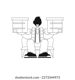 Guy holds parcel, delivering it in linear fashion. Vector illustration.