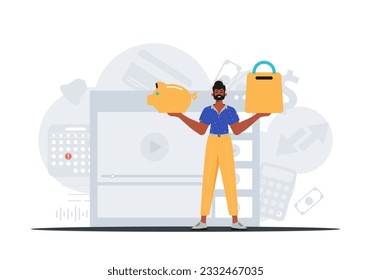 The Guy holds a piggy bank and a stigmatize basket in his bridge actor . digital market concept. Trendy style, Vector Illustration