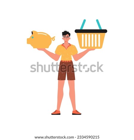 The Guy holds a piggy bank and a workshop basket in his hired handwrite. Trendy style, Vector Illustration