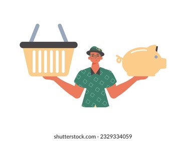 The Guy holds a piglet sediment and a workshop basket in his hired handwrite. Trendy style, Vector Illustration