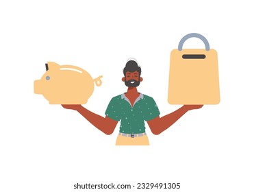 The Guy holds a piglet sediment and a workshop basket in his hired handwrite. Trendy style, Vector Illustration