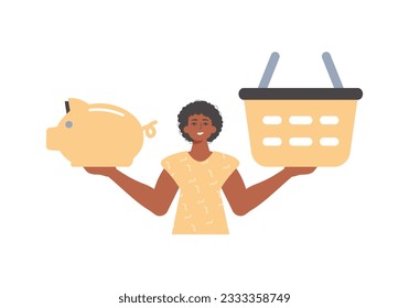 The Guy holds a piglet sediment and a workshop basket in his hired handwrite. Trendy style, Vector Illustration