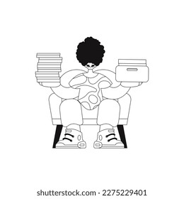 Guy holds piles of docs in linear style, vector illustration.