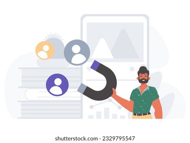The Guy holds a pilfer menu in his bridge actor , which attracts put in . hour concept. Trendy style, Vector Illustration
