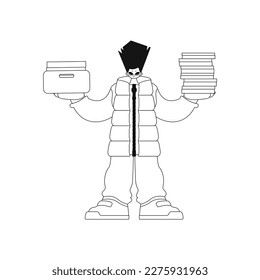 A guy holds stacks of papers in neat rows. Vector image.