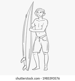 Der Typ hält ein Surfbrett in den Händen