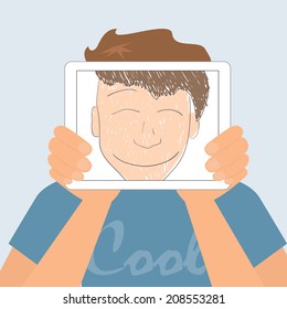 Guy holds tablet pc displaying fun smiling drawing