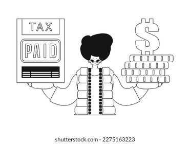 Guy holds tax return and stack of coins in hands. Linear style vector illustration.