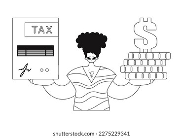 Guy holds a tax return and stack of coins. Linear illustration in vector style.
