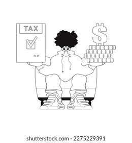 Guy holds tax return and stack of coins. linear vector illustration.