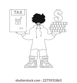 Guy holds tax return, stack of coins in hands. Linear vector illustration.